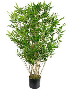 La plante artificielle Bamboo Deluxe 90 cm est un grand bambou artificiel vert feuillu avec des branches fines et des feuilles longues et étroites dans un pot noir, représenté sur un fond blanc uni.