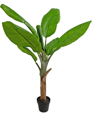 Le Bananier Plante Artificielle 120 cm est un bananier en pot avec de grandes feuilles vertes vibrantes et une tige brune épaisse, sur un fond blanc.