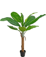 De Kunstplant Bananenboom 150 cm heeft brede, levendige groene bladeren en een hoge bruine stam, gepresenteerd in een pot tegen een effen witte achtergrond.
