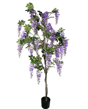 La Plante Glycine Artificielle 210 cm est une glycine artificielle en pot avec des feuilles vertes et des grappes de fleurs violettes sur un fond blanc uni.