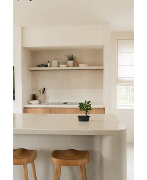 Une cuisine minimaliste avec des murs et des placards clairs, des étagères ouvertes avec des assiettes et une plante, deux tabourets en bois près d'un îlot incurvé et la Plante Artificielle Bonsaï Ficus 30 cm sur le comptoir près d'une fenêtre lumineuse.