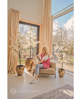 Une femme rit sur un fauteuil beige près de grandes fenêtres aux rideaux beiges, entourée de trois bougainvilliers artificiels de 150 cm blancs dans un espace de vie lumineux et moderne baigné de lumière naturelle.