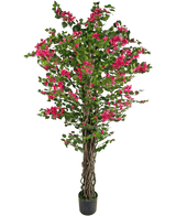 Le Bougainvillier Artificiel 180 cm est une grande plante artificielle avec des tiges brunes torsadées, des feuilles vertes vibrantes et des bouquets de fleurs rose vif dans un pot.