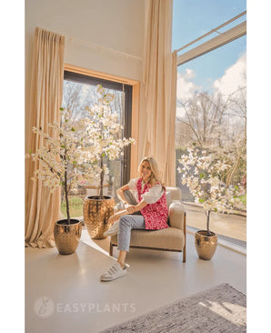 Une femme vêtue d'un cardigan à motifs roses et d'un jean est assise sur un fauteuil beige près de grandes fenêtres avec des rideaux de couleur crème, entourée de trois bougainvilliers artificiels blancs de 180 cm dans des jardinières dorées brillantes. La lumière du soleil remplit la pièce moderne et aérée.