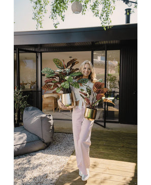 Une femme se tient sur une terrasse en bois devant une maison moderne, souriante et tenant deux plantes artificielles Calathea Makoyana UV en pot rouge de 75 cm. Elle porte un pantalon rose clair et un haut blanc. Terrasse extérieure et verdure en arrière-plan.