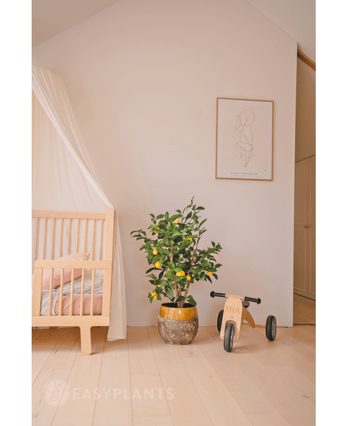 Une chambre d'enfant cosy avec un berceau en bois, la plante artificielle citronnier 90 cm (un citronnier dans un pot avec des feuilles), un petit tricycle en bois du label MIA et une décoration murale minimaliste. Un parquet en bois clair et des tons doux créent une atmosphère paisible.