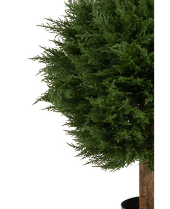 Gros plan de la Plante Artificielle Conifère Deluxe UV 80 cm, une plante artificielle à feuilles persistantes en pot avec des feuilles denses vert foncé et un tronc marron, sur fond blanc.