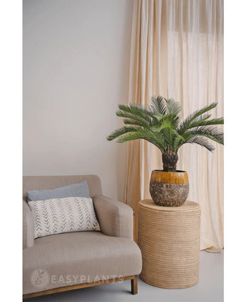 Un palmier Cycas artificiel de 80 cm se dresse sur une table ronde en osier à côté d'un fauteuil beige avec un coussin à motifs blancs, contre des rideaux beige clair et un mur neutre.