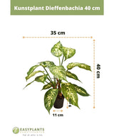 Plante artificielle Dieffenbachia 40 cm : feuilles vertes à motifs blancs. Hauteur 40 cm, largeur 35 cm. Pot Ø11 cm, hauteur 9,5 cm. Parfait pour les pots décoratifs. Logo Easyplants Kunstplanten en bas.