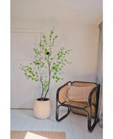 La plante artificielle Enkianthus de 180 cm aux feuilles vertes se trouve à côté d'une chaise en rotin noir avec un coussin marron dans une pièce lumineuse et minimaliste aux murs et au sol blancs, doucement éclairée par la lumière venant de la droite.