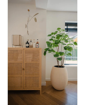 Une armoire en bois clair avec des bouteilles et un décor se trouve à côté d'une plante artificielle Ficus de 150 cm dans une jardinière de couleur crème près d'une fenêtre avec stores, dans une pièce moderne et lumineuse avec parquet.