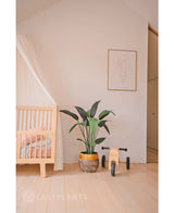 Une chambre de bébé minimaliste avec un berceau en bois clair, une plante artificielle Heliconia de 110 cm, des jouets en bois et de l'art mural simple dans une pièce lumineuse et bien rangée - une inspiration parfaite pour la décoration de petits espaces.