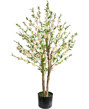 Le Cerisier Artificiel 120 cm crème est un cerisier artificiel en pot avec de multiples troncs marron, des feuilles vertes et des bouquets de petites fleurs blanches sur un fond uni blanc.