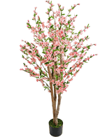 La plante de cerisier artificielle 150 cm rose est un cerisier artificiel avec de multiples troncs marron, des fleurs roses et des feuilles vertes, représentés sur un fond blanc uni.