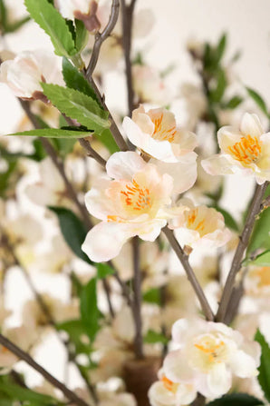 Un gros plan de la plante de fleurs de cerisier artificielles 180 cm crème montre de délicates fleurs de pêche pâle et de cerisier blanc avec un centre jaune sur de fines branches brunes, entourées de feuilles vertes.