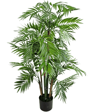 Le salon de plantes artificielles 120 cm est un grand palmier en pot avec de longues feuilles vertes fines et plusieurs tiges brunes, représenté sur un fond blanc uni.