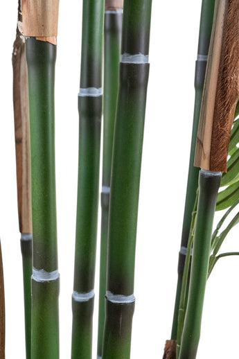 Close-up van de Kunstplant Parlour 180 cm, met verschillende groene bamboestengels met zichtbare knopen en segmenten tegen een witte achtergrond. Sommige stengels hebben gedeeltelijke omhulsels en een paar bladeren.