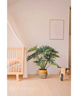 Une chambre d'enfant confortable et minimaliste avec un berceau et un auvent en bois à gauche, une plante artificielle Philodendron UV 90 cm au milieu comme pièce maîtresse, un vélo jouet en bois à droite et une simple impression d'art au trait au-dessus.