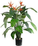 La plante artificielle Strelitzia 120 cm est un oiseau de paradis artificiel en pot avec de grandes feuilles vertes et plusieurs fleurs orange ressemblant à des grues qui dépassent au-dessus du feuillage.