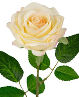 La Rose Artificielle "Emine" Real Touch jaune/crème 43cm possède une seule rose artificielle jaune clair avec des pétales rose tendre et des feuilles vertes, attachée à une tige réaliste, isolée sur un fond blanc.