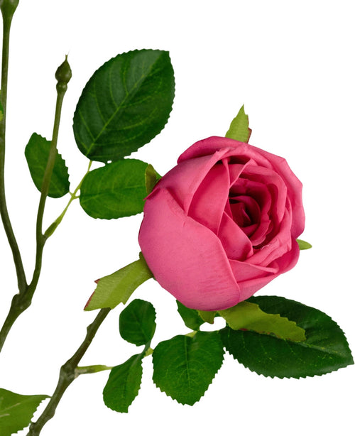 La Branche de Rose Artificielle Real Touch rose foncé 72cm présente une seule rose rose foncé avec des feuilles vertes et un bourgeon sur une tige, sur un fond blanc.