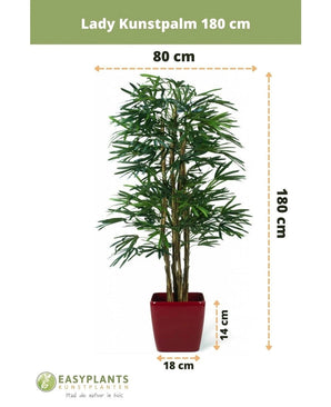 Lady Palm artificiel de 180 cm dans un pot rouge, de 180 cm de haut et 80 cm de large ; le pot mesure 14 cm de haut et 18 cm de large. Logo de la marque et dimensions indiquées – Parfait comme plante artificielle verte élégante pour n'importe quelle pièce.