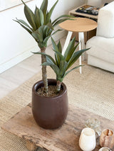 Une plante d'agave artificielle de 76 cm, avec deux longues tiges et des feuilles vertes pointues, se dresse sur une table basse en bois dans un salon confortable avec un canapé de couleur crème, une table d'appoint ronde et un décor neutre.