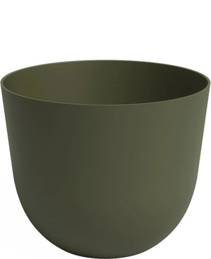 Le Jardinière Havanna Ø30cm x H25cm est un pot de fleur uni, vert olive mat, de forme ronde et lisse, sans décorations ni motifs visibles.