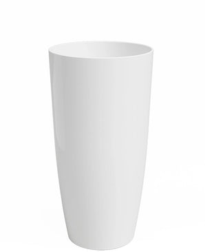 Le Planter Santorini est un grand vase cylindrique blanc (Ø27 cm x H40 cm) avec une finition lisse et brillante. Le vase se tient debout sur un fond blanc uni.