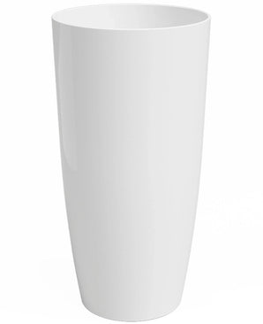 Le Santorini Planter, un grand vase cylindrique blanc (Ø33 cm x H65 cm) avec une finition lisse et brillante, se dresse sur un fond blanc uni.