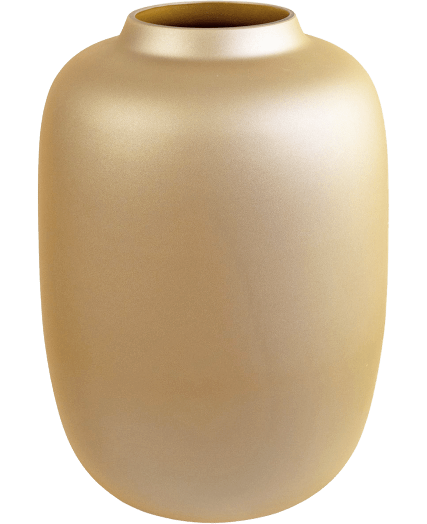 Le Vase Artic Gold (Ø21 x H29 cm) est un vase fin et doré mat au corps large et à l'ouverture étroite et légèrement évasée, affiché sur un fond blanc uni.