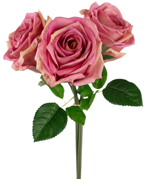 De Kunstrozenboeket Real Touch Oudroze 30cm heeft drie roze kunstrozen met groene bladeren en stelen, prachtig gerangschikt tegen een effen witte achtergrond.