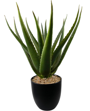 Un gros plan de la plante artificielle Aloe Vera 45 cm montre des feuilles épaisses, vertes et épineuses dans un pot noir rempli de petits cailloux marron clair.