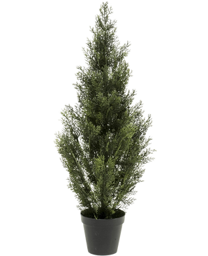 La Plante Artificielle Conifère UV 90cm est un petit pin artificiel au feuillage vert dense dans un pot en plastique noir, debout sur un fond uni blanc.