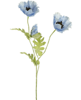 Illustration aquarelle de fleur de pavot artificielle 73 cm bleue avec deux fleurs de pavot bleues en fleurs et un bourgeon avec des tiges et des feuilles vertes sur fond blanc.