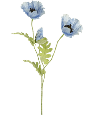 Illustration aquarelle de fleur de pavot artificielle 73 cm bleue avec deux fleurs de pavot bleues en fleurs et un bourgeon avec des tiges et des feuilles vertes sur fond blanc.