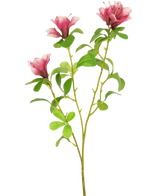 Une seule fleur artificielle Rhododendron Azalea de 73 cm, tige fuchsia avec trois fleurs roses épanouies et plusieurs feuilles vertes sur fond blanc.
