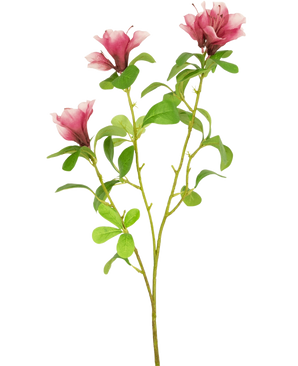 Une seule fleur artificielle Rhododendron Azalea de 73 cm, tige fuchsia avec trois fleurs roses épanouies et plusieurs feuilles vertes sur fond blanc.