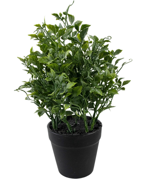 La plante artificielle Raisin 25 cm est une plante artificielle verte et luxuriante avec des feuilles denses et pointues dans un pot noir sur un fond blanc uni.
