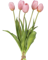 Un bouquet de tulipes artificielles Real Touch Rose 40 cm comprend cinq tulipes artificielles roses avec des feuilles vertes, attachées aux tiges avec une corde, représentées sur un fond blanc.