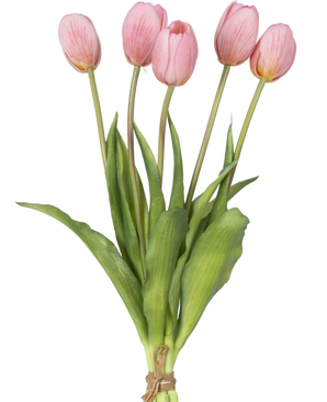 Un bouquet de tulipes artificielles Real Touch Rose 40 cm comprend cinq tulipes artificielles roses avec des feuilles vertes, attachées aux tiges avec une corde, représentées sur un fond blanc.