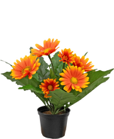 La plante artificielle Gerbera UV orange de 28 cm a des fleurs artificielles ressemblant à des marguerites orange et jaune avec des feuilles vertes dans un pot noir, parfaites pour égayer n'importe quel espace.