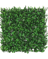 La Haie Artificielle Buis vert 50x50 cm UV est un panneau carré aux feuilles denses de buis vert artificiel, créant une haie luxuriante, vue de dessus sur un fond blanc.