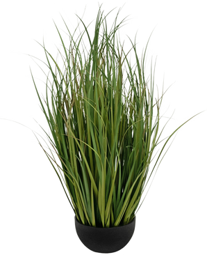 Le gazon artificiel Dogtail Onion Grass Bran 90 cm ignifuge est un pot noir avec des feuilles denses, hautes, fines, vertes, ressemblant à de l'herbe, qui se tiennent debout, représentées sur un fond blanc.