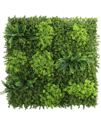 Le panneau UV Mousse de haie artificielle 100x100 cm présente un feuillage vert dense et varié et plusieurs grappes de feuilles ressemblant à des fougères sur fond blanc.