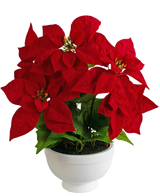 La Plante Artificielle Poinsettia 44 cm rouge est un pot blanc avec une plante de poinsettia aux feuilles rouge vif en forme d'étoile et au feuillage vert sur un fond blanc uni.