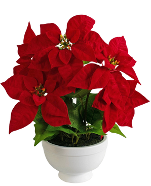 La Plante Artificielle Poinsettia 44 cm rouge est un pot blanc avec une plante de poinsettia aux feuilles rouge vif en forme d'étoile et au feuillage vert sur un fond blanc uni.