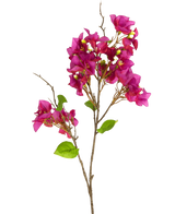 La fleur artificielle Bougainvillier 90 cm violet a des fleurs violet magenta vibrantes et des feuilles vertes sur de fines tiges brunes, sur un fond blanc uni.