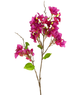 La fleur artificielle Bougainvillier 90 cm violet a des fleurs violet magenta vibrantes et des feuilles vertes sur de fines tiges brunes, sur un fond blanc uni.
