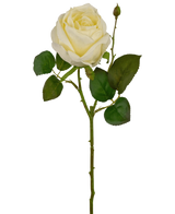 La Rose Artificielle Deluxe 45 cm blanche est une rose artificielle blanche simple avec des feuilles vertes et un petit bouton sur une longue tige, sur un fond blanc uni.